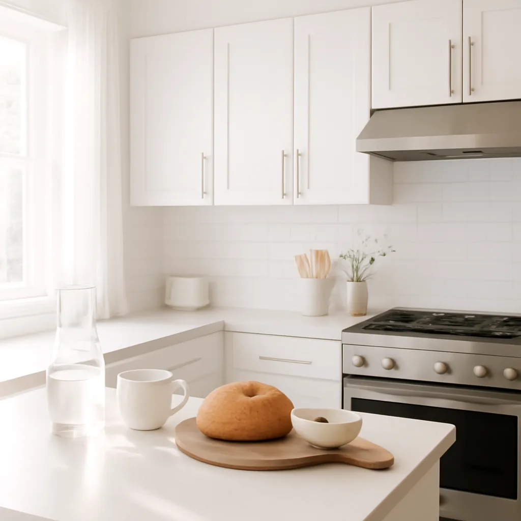Clean modern kitchen lifestyle, bright natural light, crisp