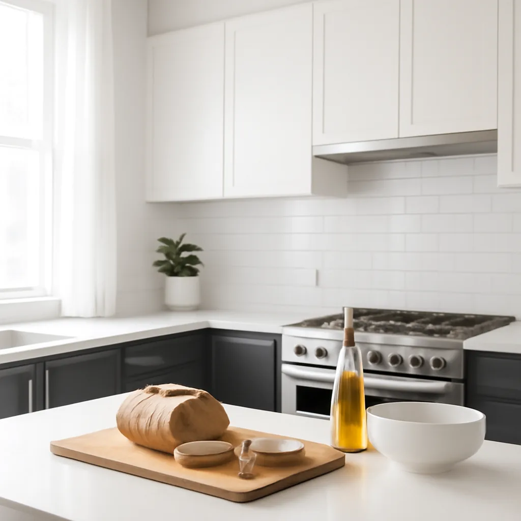 Clean modern kitchen lifestyle, bright natural light, crisp