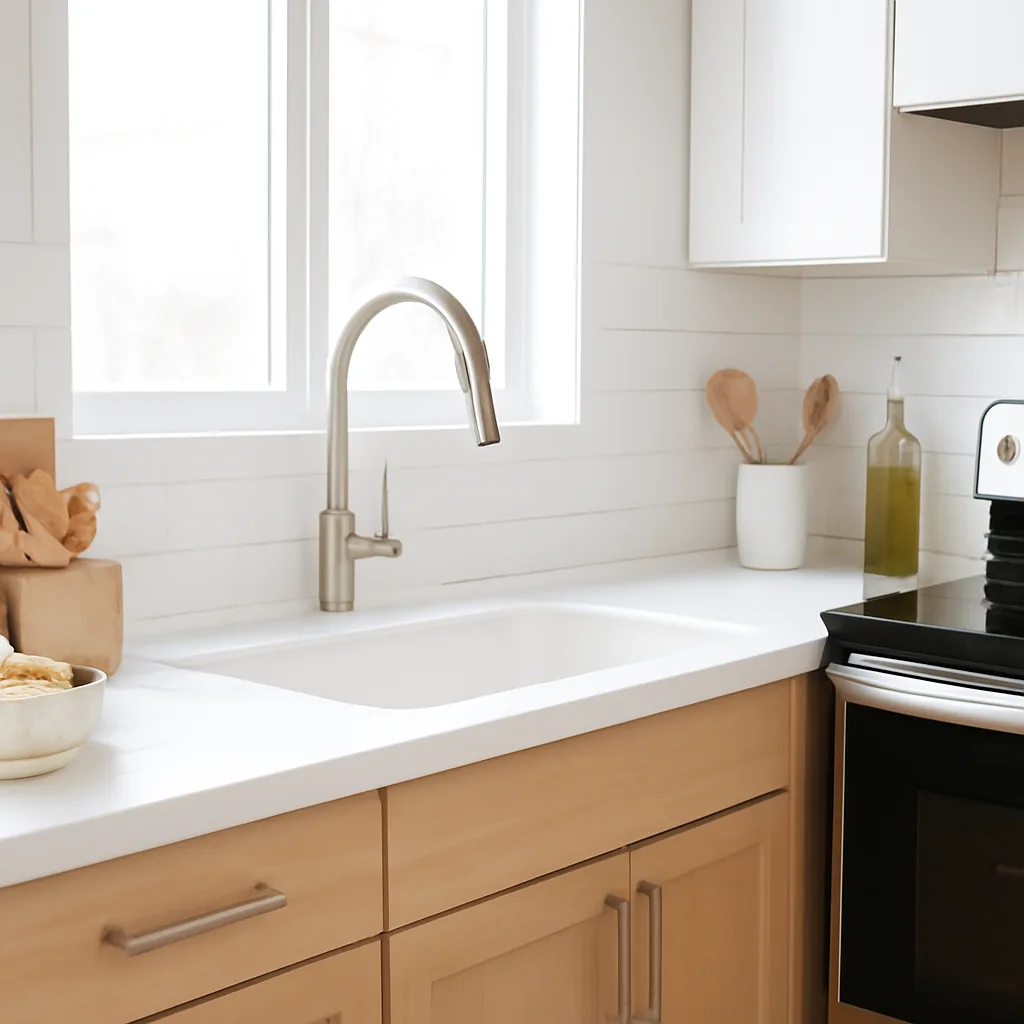 Clean modern kitchen lifestyle, bright natural light, crisp